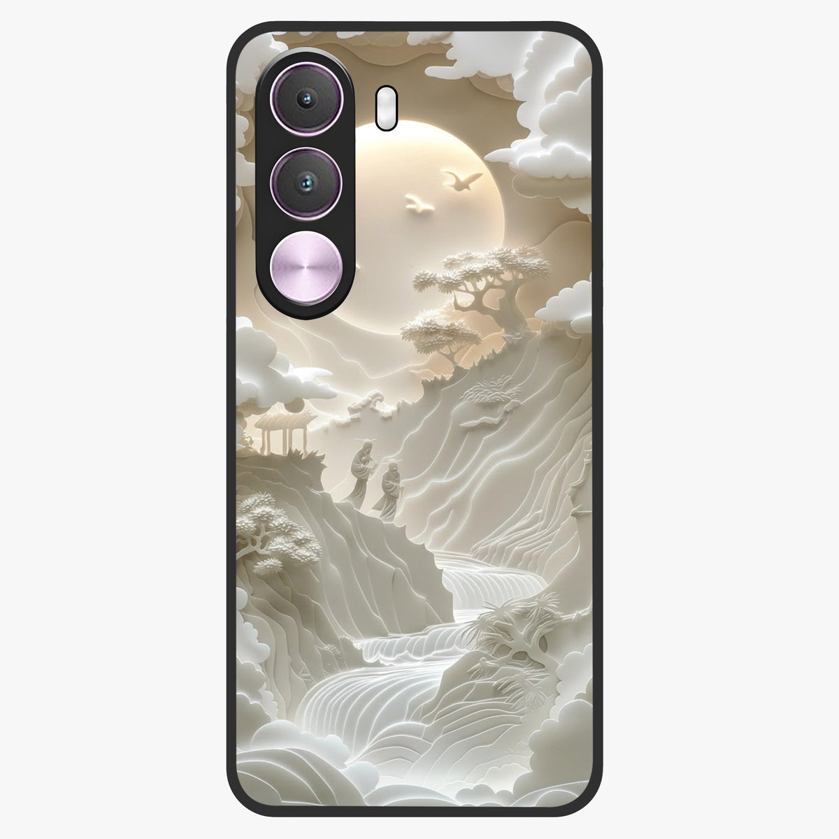 Celestial Origami Glass Case showing flat back view with artistic origami inspired celestial artwork and glossy glass finish.