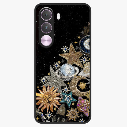 Cosmic Sparkle Dreams Glass Case showing flat back view with sparkling cosmic artwork and glossy glass finish.