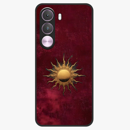 Gold Sun Blush Glass Case showing flat back view with golden sun inspired artwork and glossy glass finish.