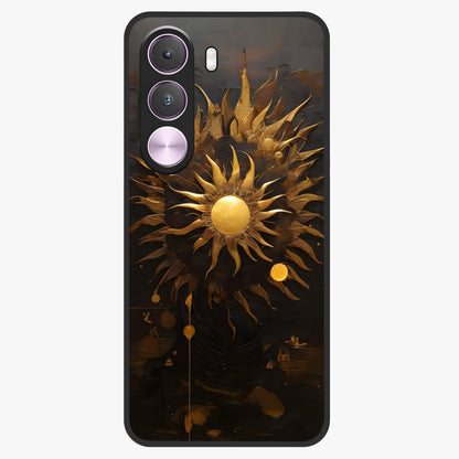 Golden Sun Majesty Glass Case showing flat back view with radiant golden sun artwork and glossy glass finish.