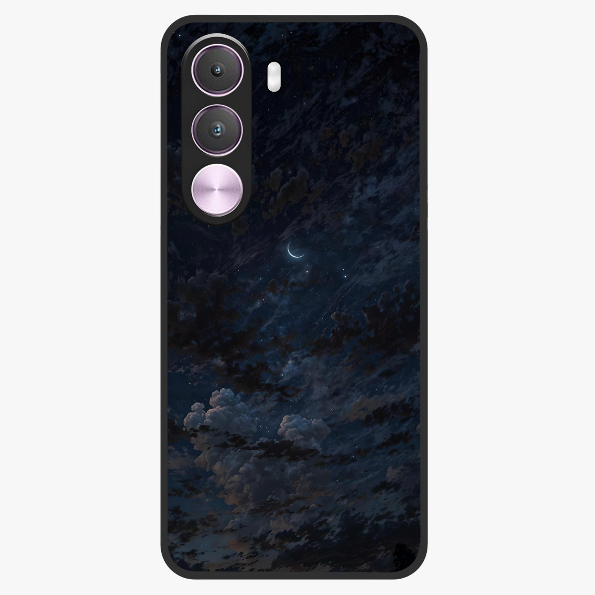 Lunar Veil Silence Glass Case showing flat back view with mystical moon veil artwork and glossy glass finish.