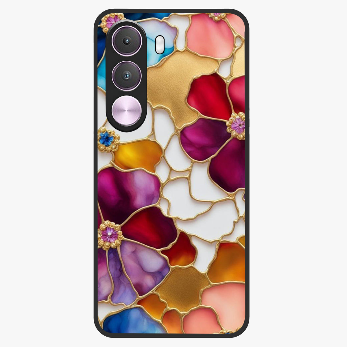 Marble Flower Pattern Glass Case showing flat back view with marble texture floral artwork and glossy glass finish.