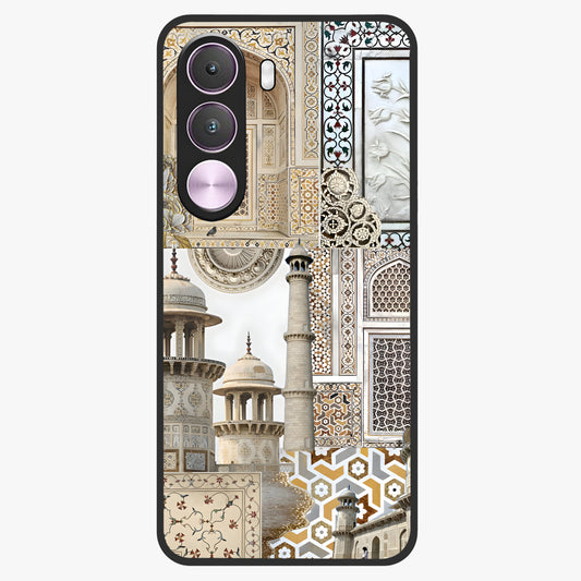 Mughal Marble Legacy Glass Case showing flat back view with intricate Mughal inspired marble pattern and glossy glass finish.
