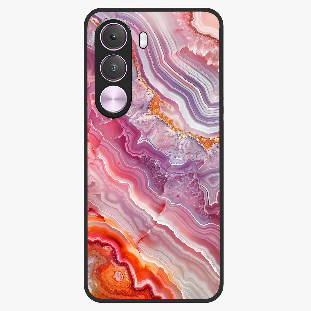 Rose Quartz Marble Glass Case showing flat back view with pink marble quartz texture artwork and glossy glass finish.