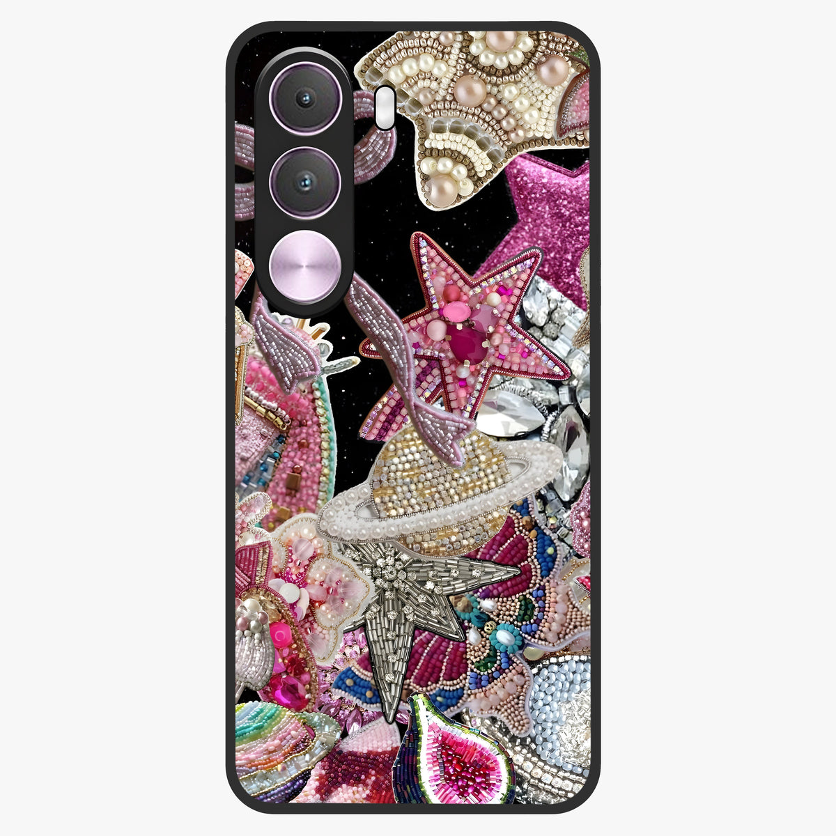 Starlit Jewel Dream Glass Case showing flat back view with sparkling jewel and star themed artwork and glossy glass finish.