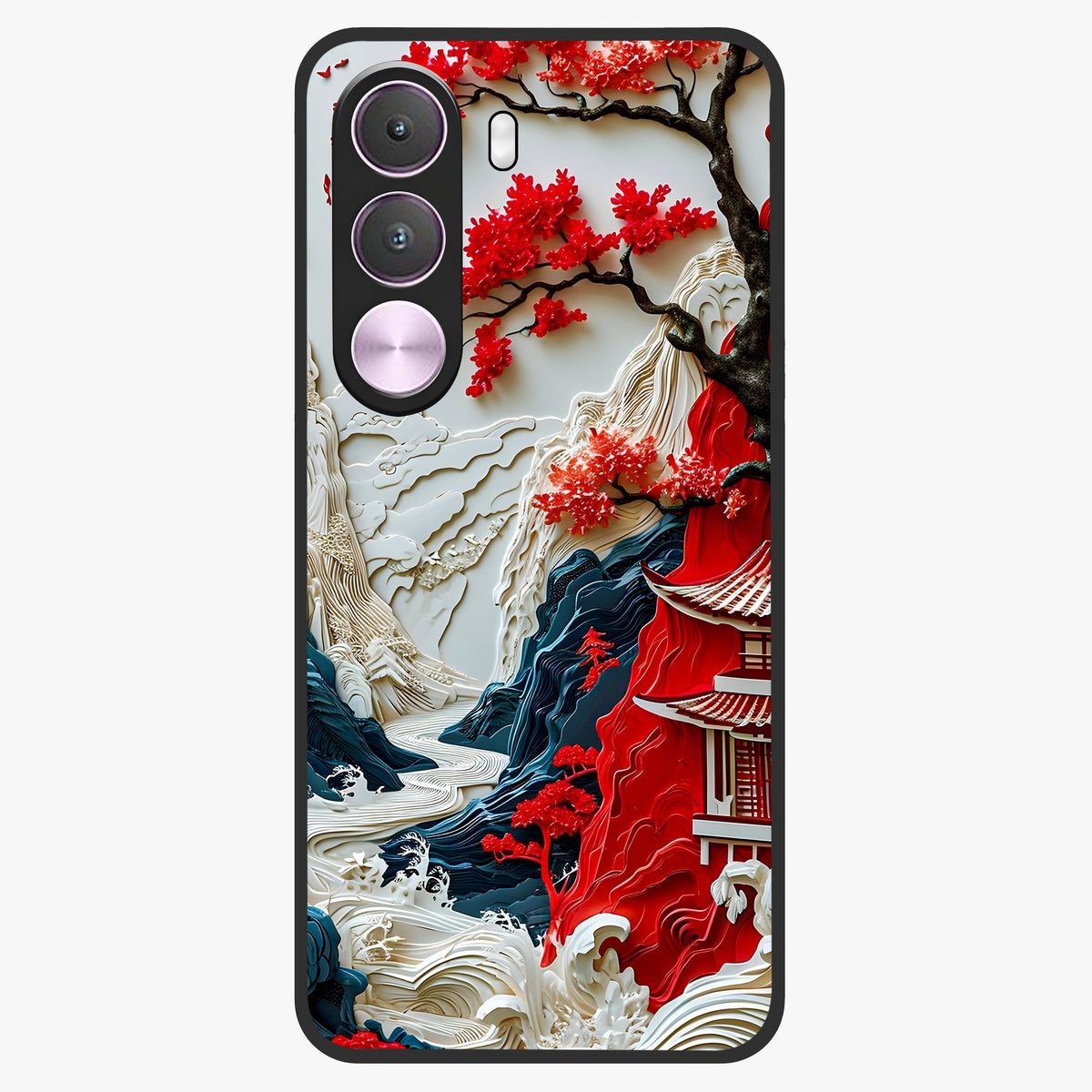 Whispers Of Sakura Waves Glass Case showing flat back view with cherry blossom wave artwork and glossy glass finish.