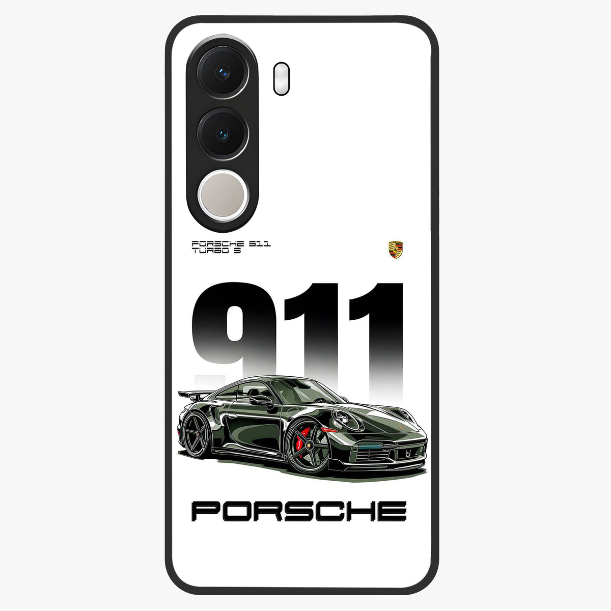 911 Turbo Dominance Glass Case showing clean flat back view with bold 911 sports car artwork and glossy glass finish.
