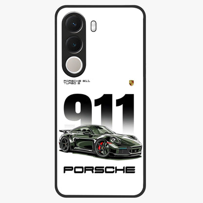 911 Turbo Dominance Glass Case showing clean flat back view with bold 911 sports car artwork and glossy glass finish.