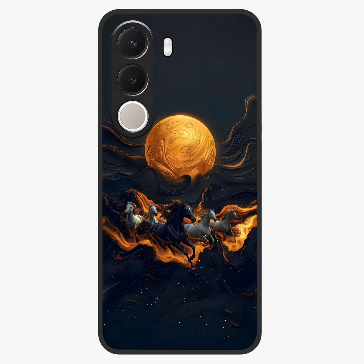 Golden Stallion Moonride Glass Case showing flat back view with majestic horse under moonlight artwork and glossy glass finish.