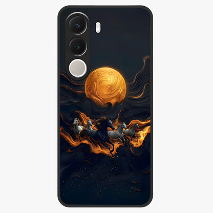 Golden Stallion Moonride Glass Case showing flat back view with majestic horse under moonlight artwork and glossy glass finish.