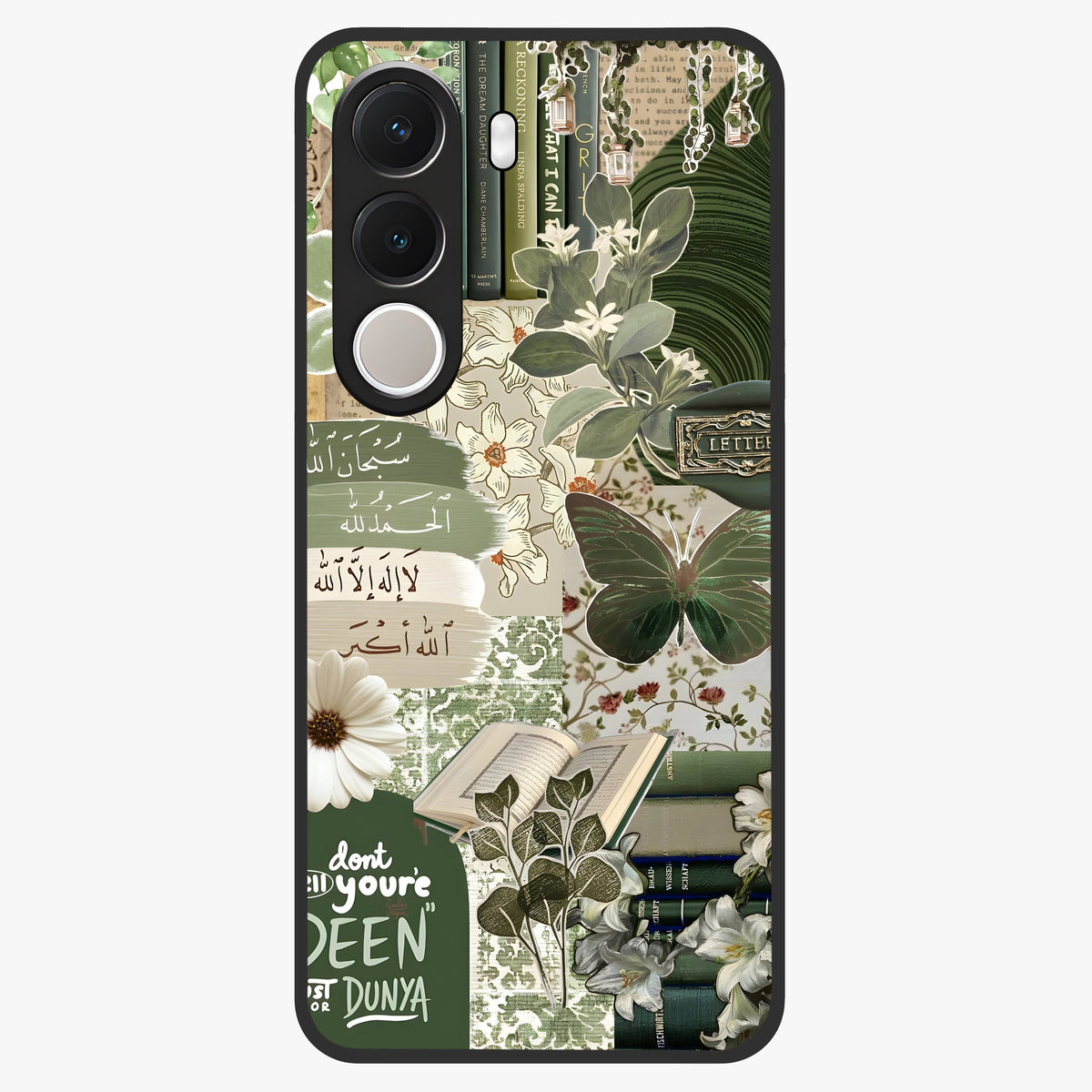 Green Islamic Books Quotes Glass Case showing flat back view with Islamic quotes and book themed artwork and glossy glass finish.