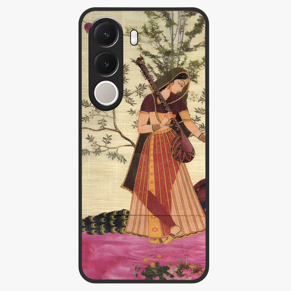 Lady With Veena Art Glass Case showing flat back view with elegant woman playing veena artwork and glossy glass finish.