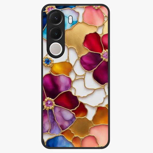 Marble Flower Pattern Glass Case showing flat back view with marble texture floral artwork and glossy glass finish.