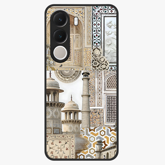 Mughal Marble Legacy Glass Case showing flat back view with intricate Mughal inspired marble pattern and glossy glass finish.