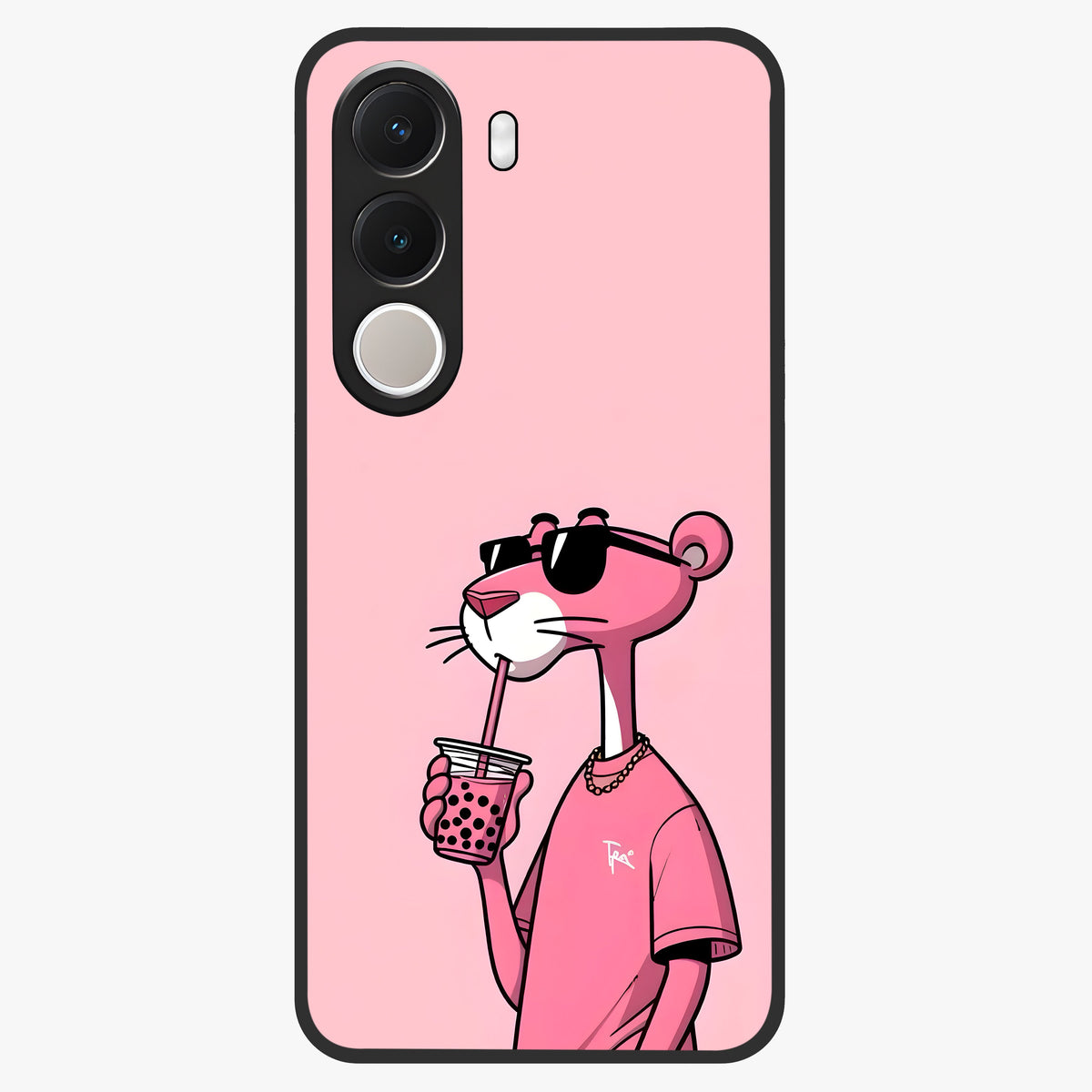 Pink Panther Glass Case showing flat back view with iconic pink panther artwork and glossy glass finish.