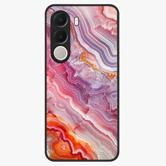Rose Quartz Marble Glass Case showing flat back view with pink marble quartz texture artwork and glossy glass finish.