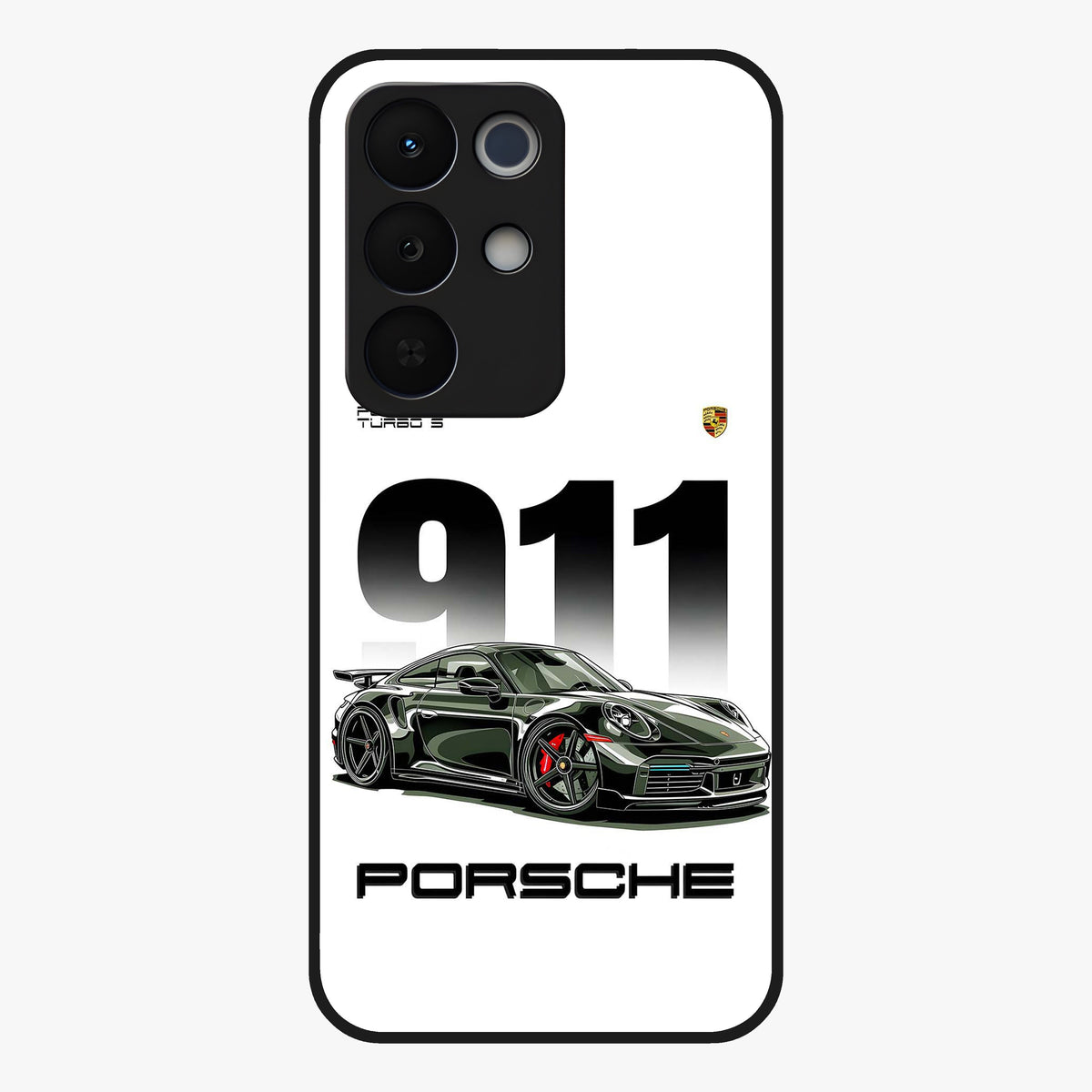 911 Turbo Dominance Glass Case showing clean flat back view with bold 911 sports car artwork and glossy glass finish.