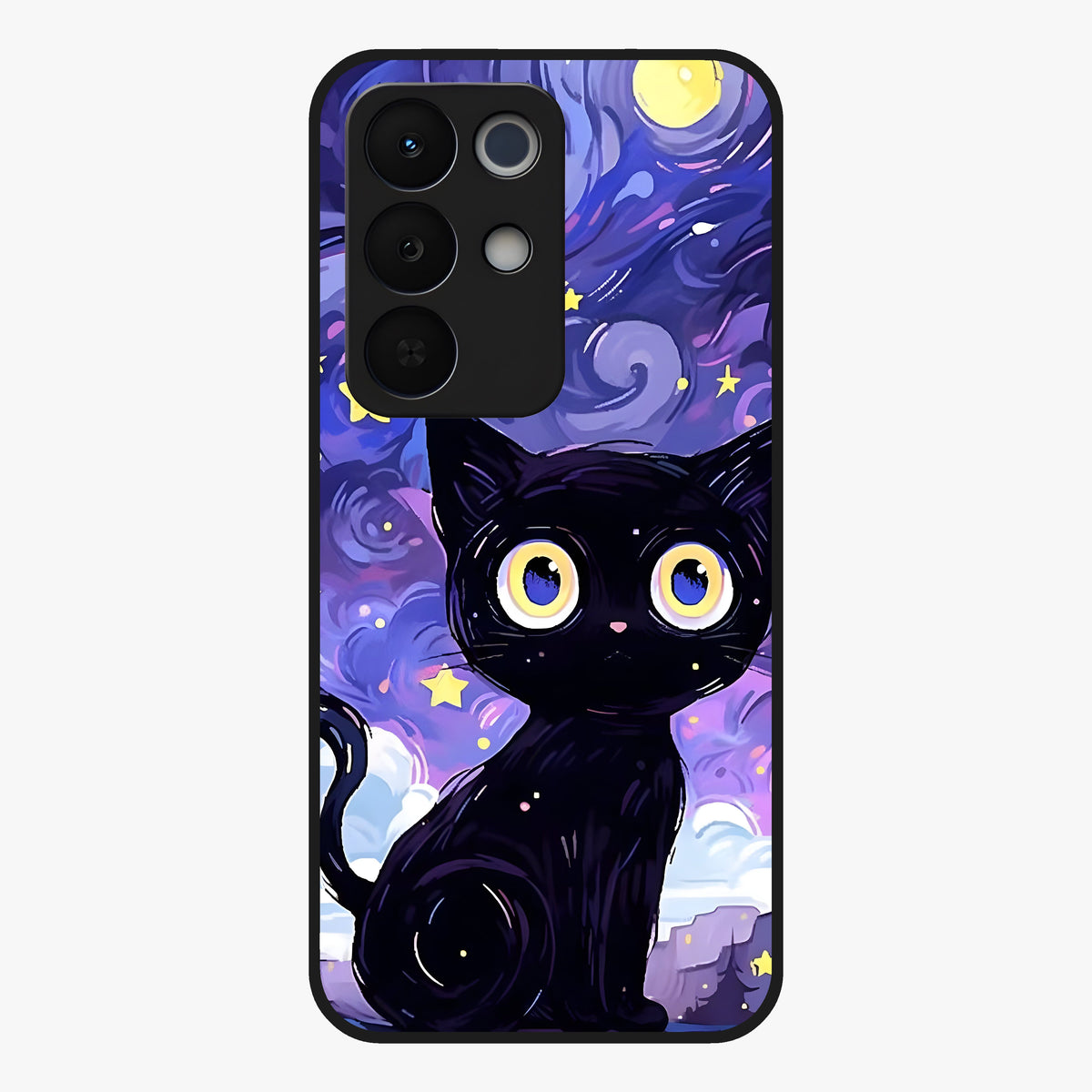 Abstract Cat Art Glass Case showing flat back view with artistic cat illustration and glossy glass finish.