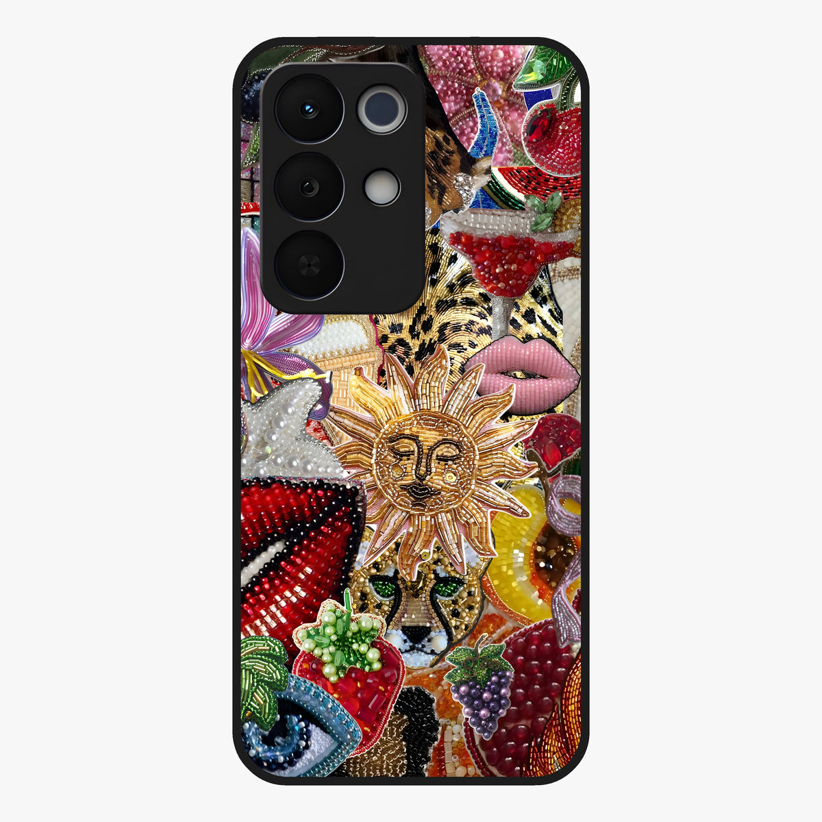 Beaded Fashion Jungle Glass Case showing flat back view with vibrant jungle inspired bead artwork and glossy glass finish.