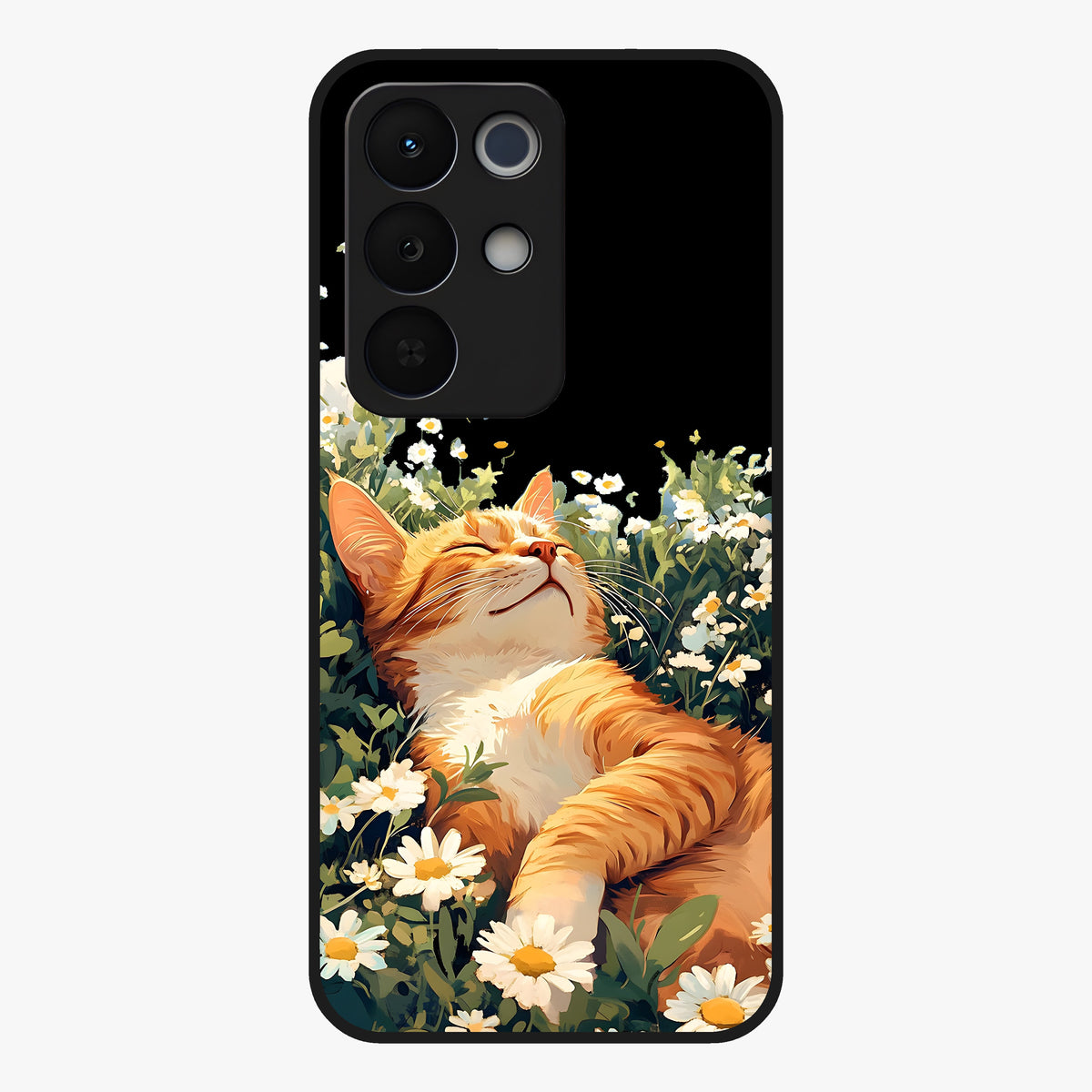 Blissful Bloom Cat Glass Case showing flat back view with cute cat and floral bloom artwork and glossy glass finish.