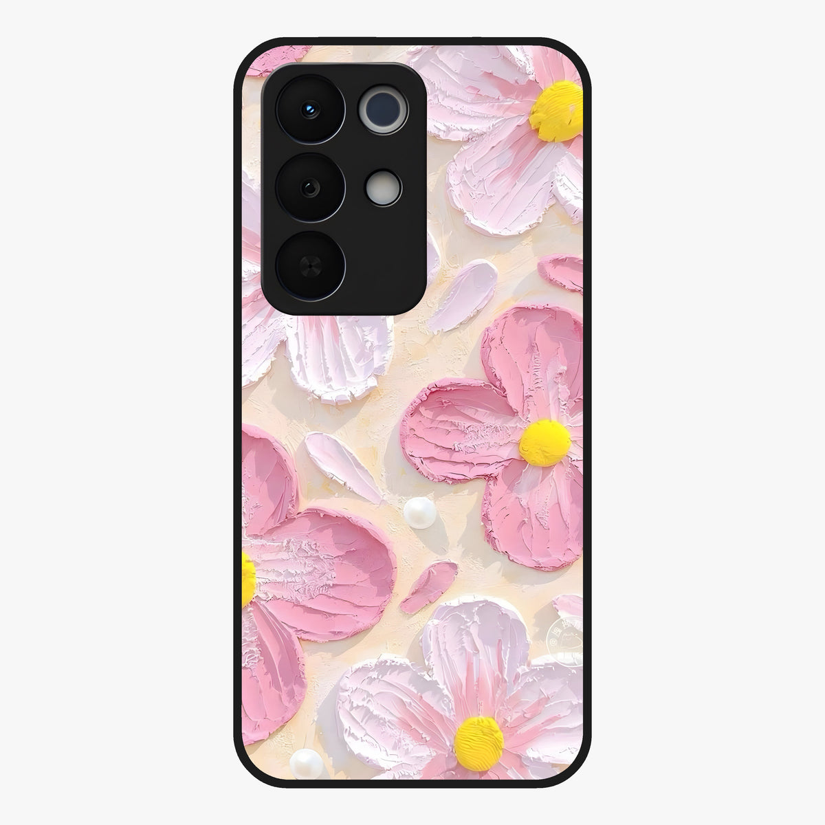 Blush Bloom Texture Glass Case showing flat back view with soft blush floral texture artwork and glossy glass finish.