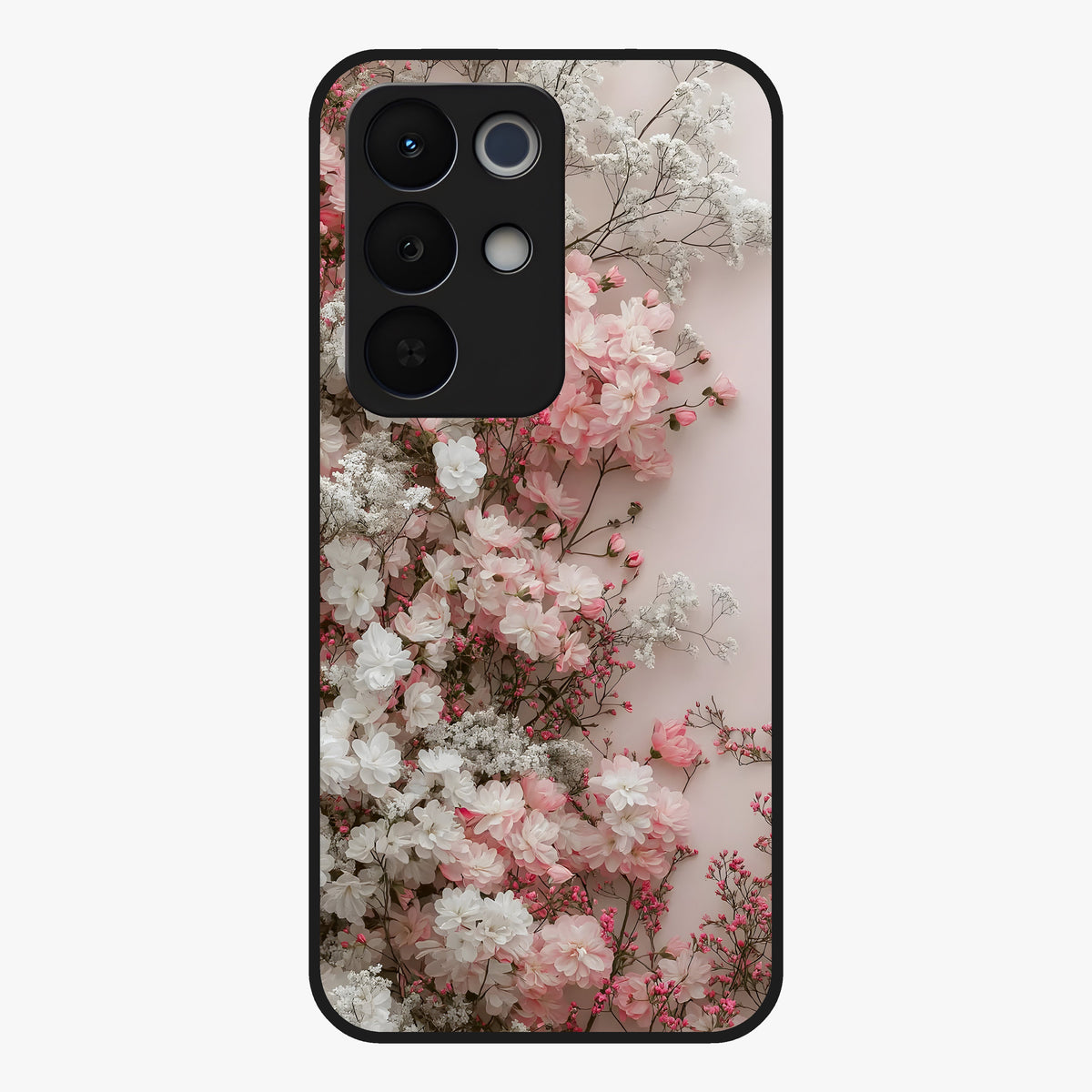 Blush Blossom Cloud Glass Case showing flat back view with dreamy blush cloud blossom artwork and glossy glass finish.
