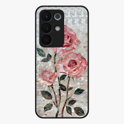 Blush Mosaic Bloom Glass Case showing flat back view with mosaic floral bloom artwork and glossy glass finish.