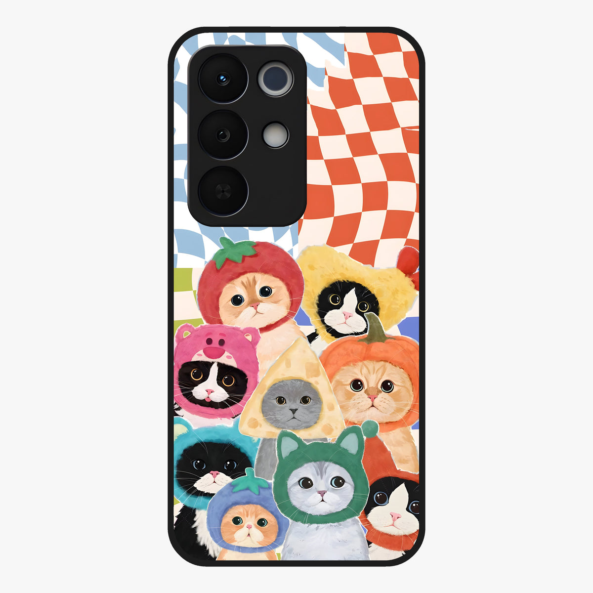 Cats in Fruits Glass Case showing flat back view with playful cat illustrations inside fruit artwork and glossy glass finish.