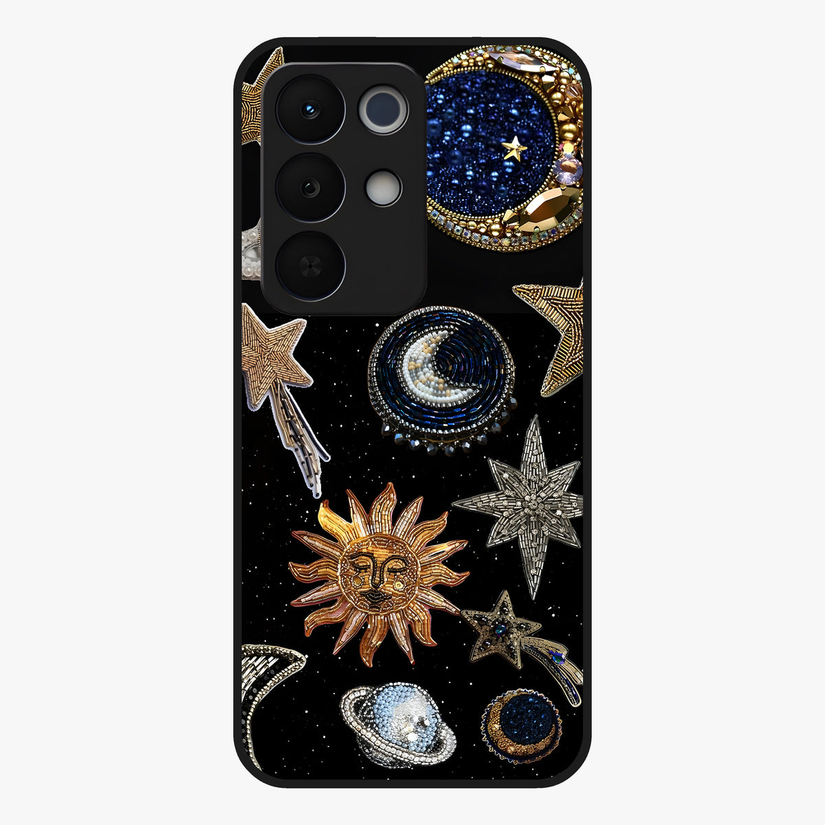 Celestial Gem Constellations Glass Case showing flat back view with sparkling constellation artwork and glossy glass finish.