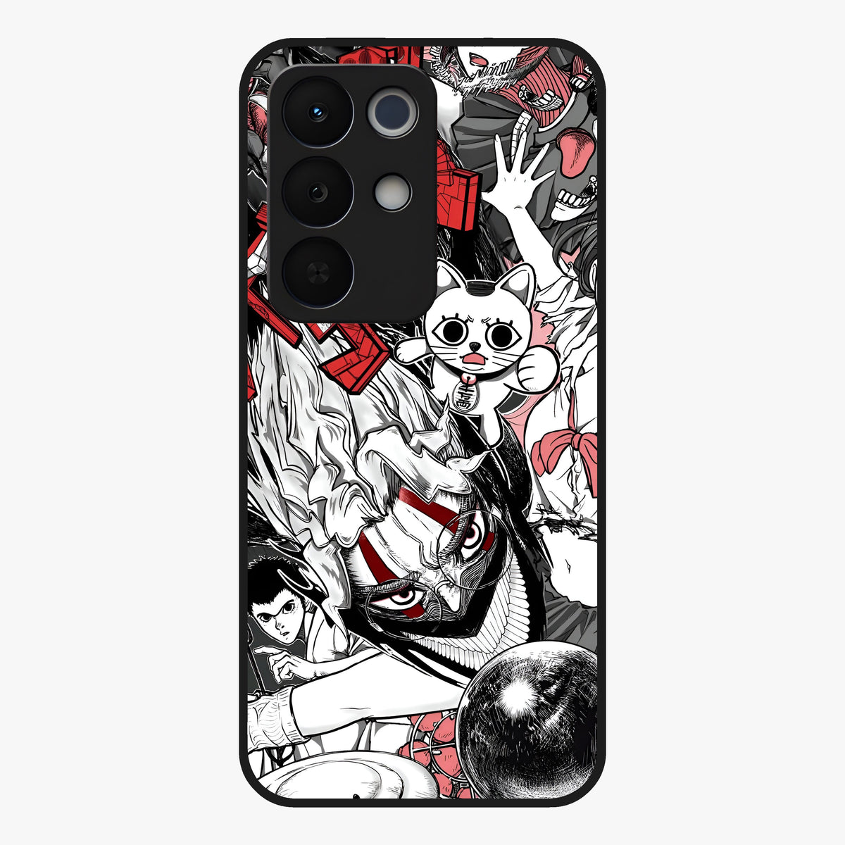 Crimson Chaos Panel Glass Case showing flat back view with bold crimson abstract artwork and glossy glass finish.
