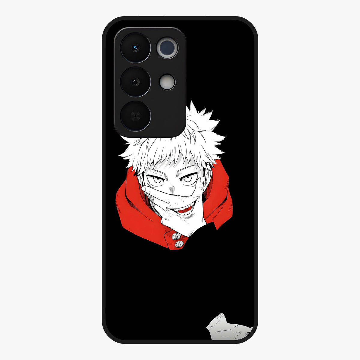 Crimson Chaos Smile Glass Case showing flat back view with bold chaotic smile artwork and glossy glass finish.