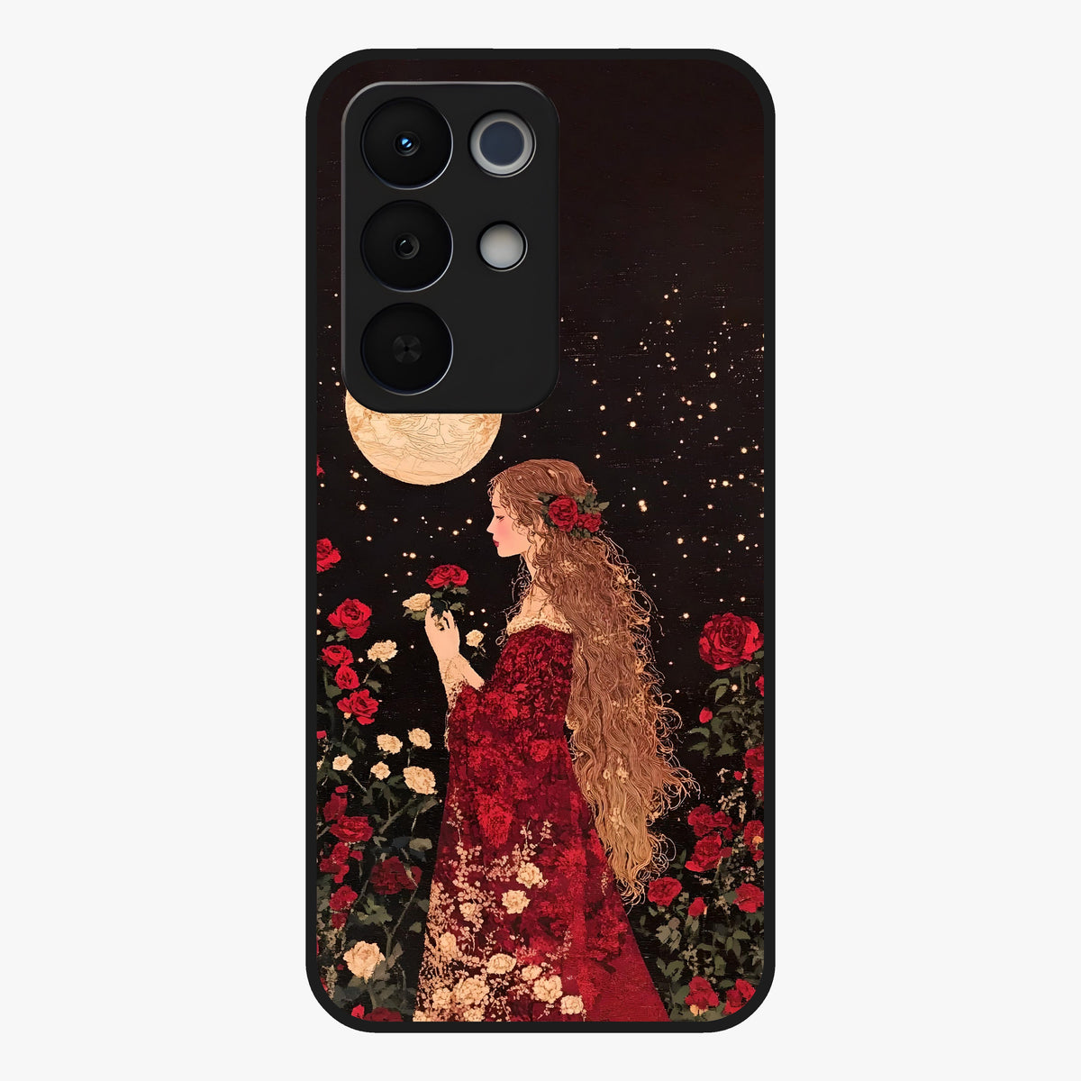 Crimson Dreams Glass Case showing flat back view with dreamy crimson artwork and glossy glass finish.