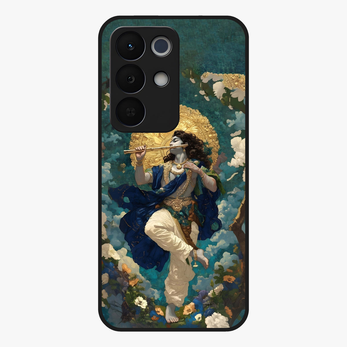 Divine Krishna Art Glass Case showing flat back view with Lord Krishna artwork and glossy glass finish.