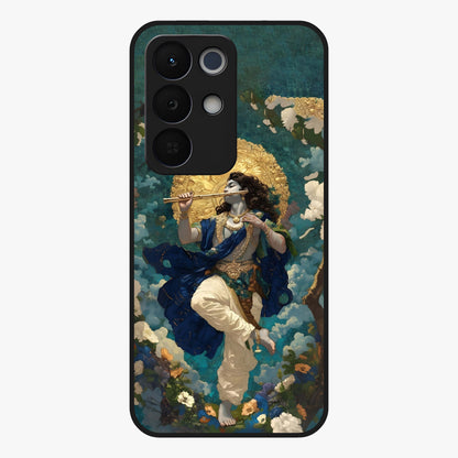 Divine Krishna Art Glass Case showing flat back view with Lord Krishna artwork and glossy glass finish.