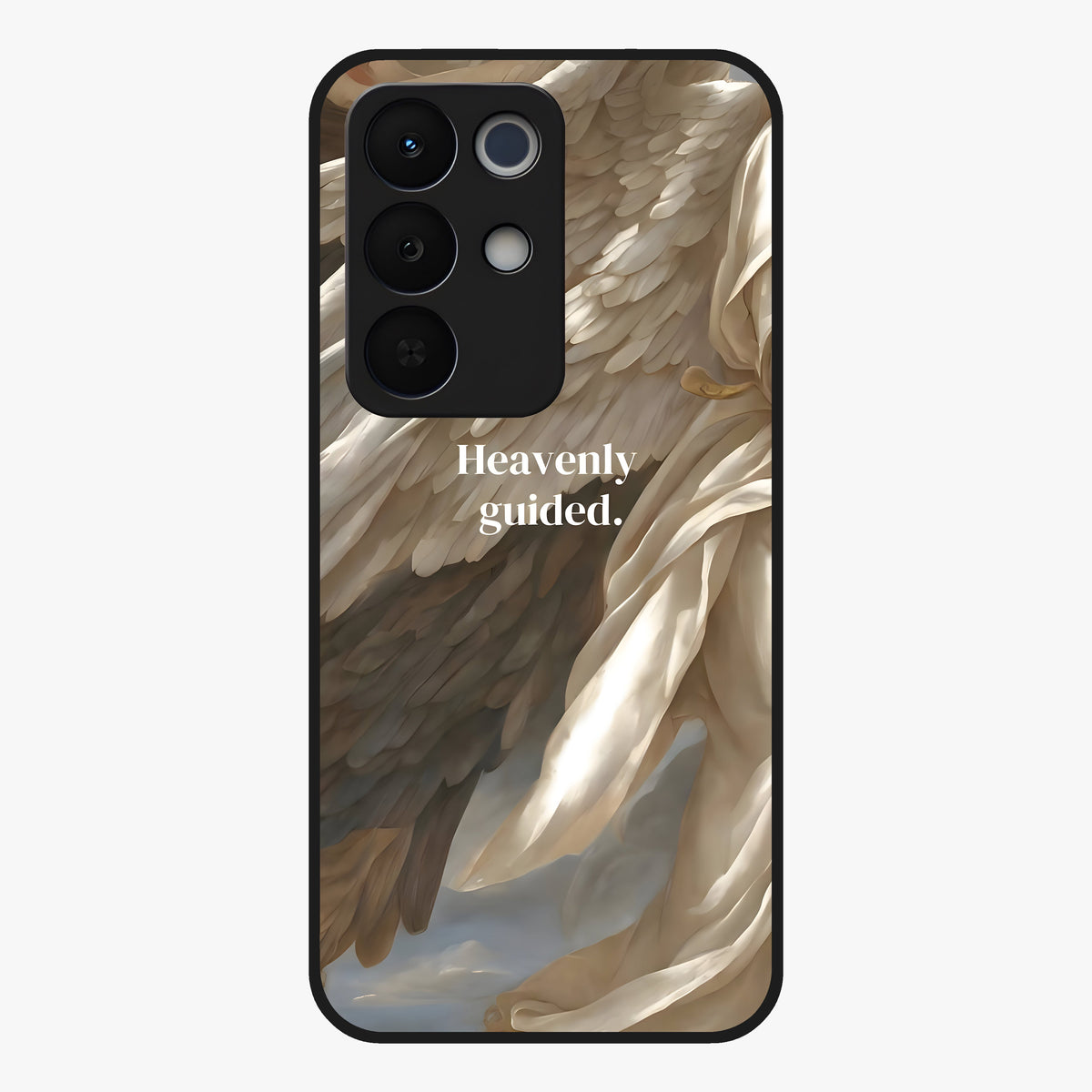 Divine Winged Grace Glass Case showing flat back view with elegant wing inspired artwork and glossy glass finish.