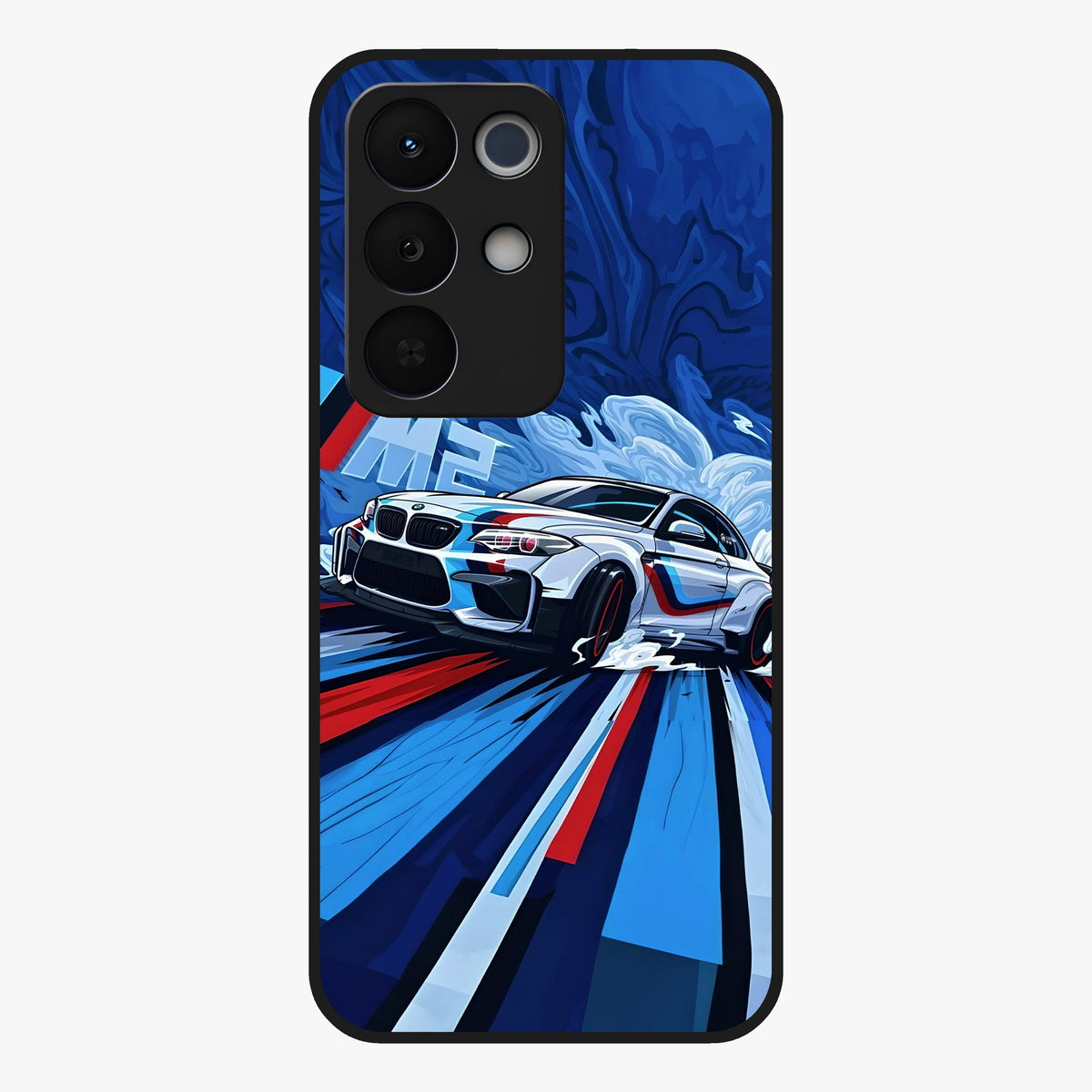 Drift Power Rush Glass Case showing flat back view with dynamic racing inspired artwork and glossy glass finish.