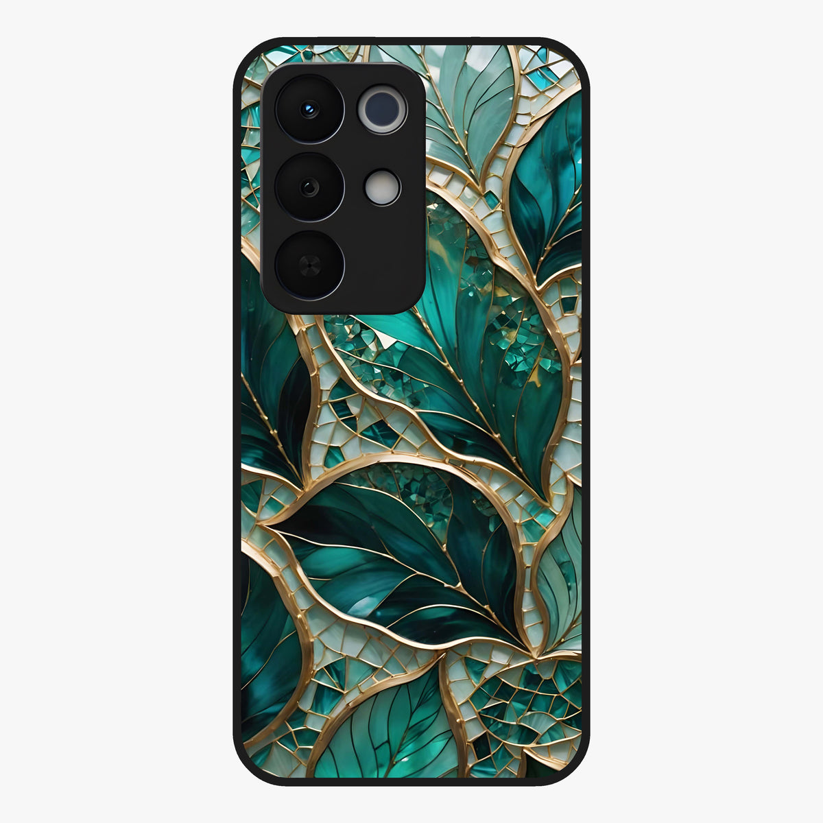 Emerald Leaf Glass Glass Case showing flat back view with emerald green leaf artwork and glossy glass finish.