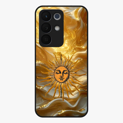 Eternal Golden Glow Glass Case showing flat back view with radiant golden themed artwork and glossy glass finish.