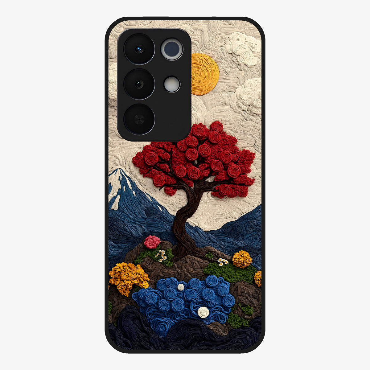 Eternal Nature Tapestry Glass Case showing flat back view with intricate nature tapestry artwork and glossy glass finish.