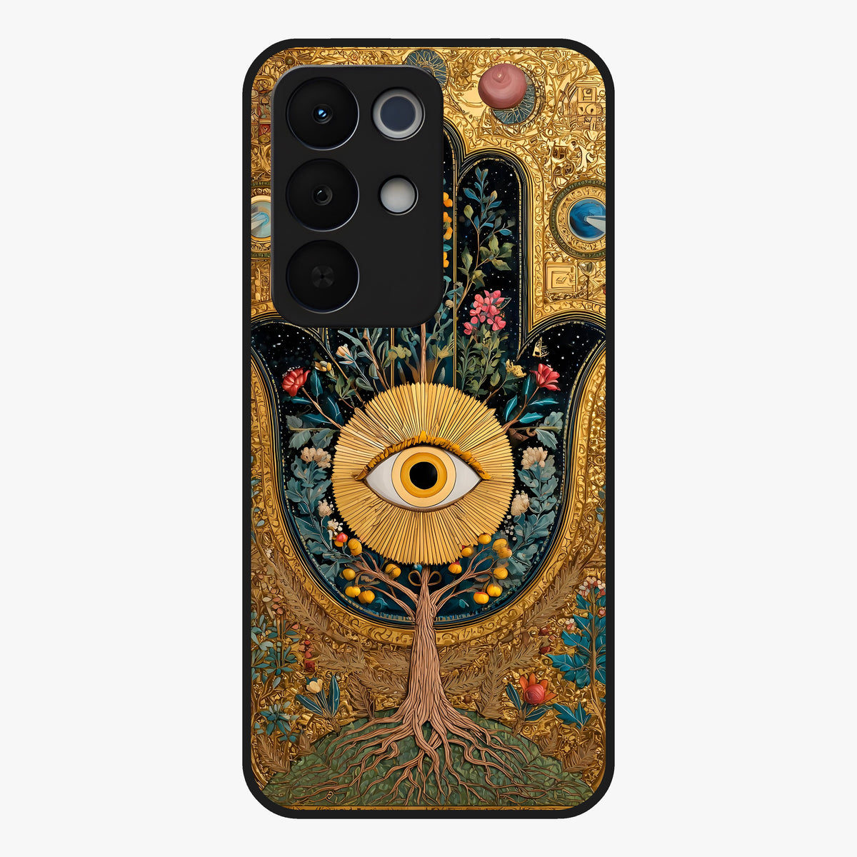 Ethereal Evil Eye Glass Case showing flat back view with mystical evil eye artwork and glossy glass finish.