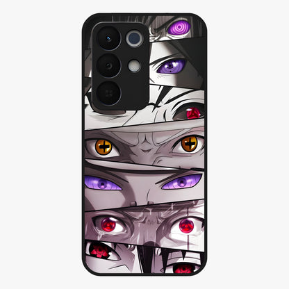 Eyes of Destiny Glass Case showing flat back view with striking eye themed artwork and glossy glass finish.