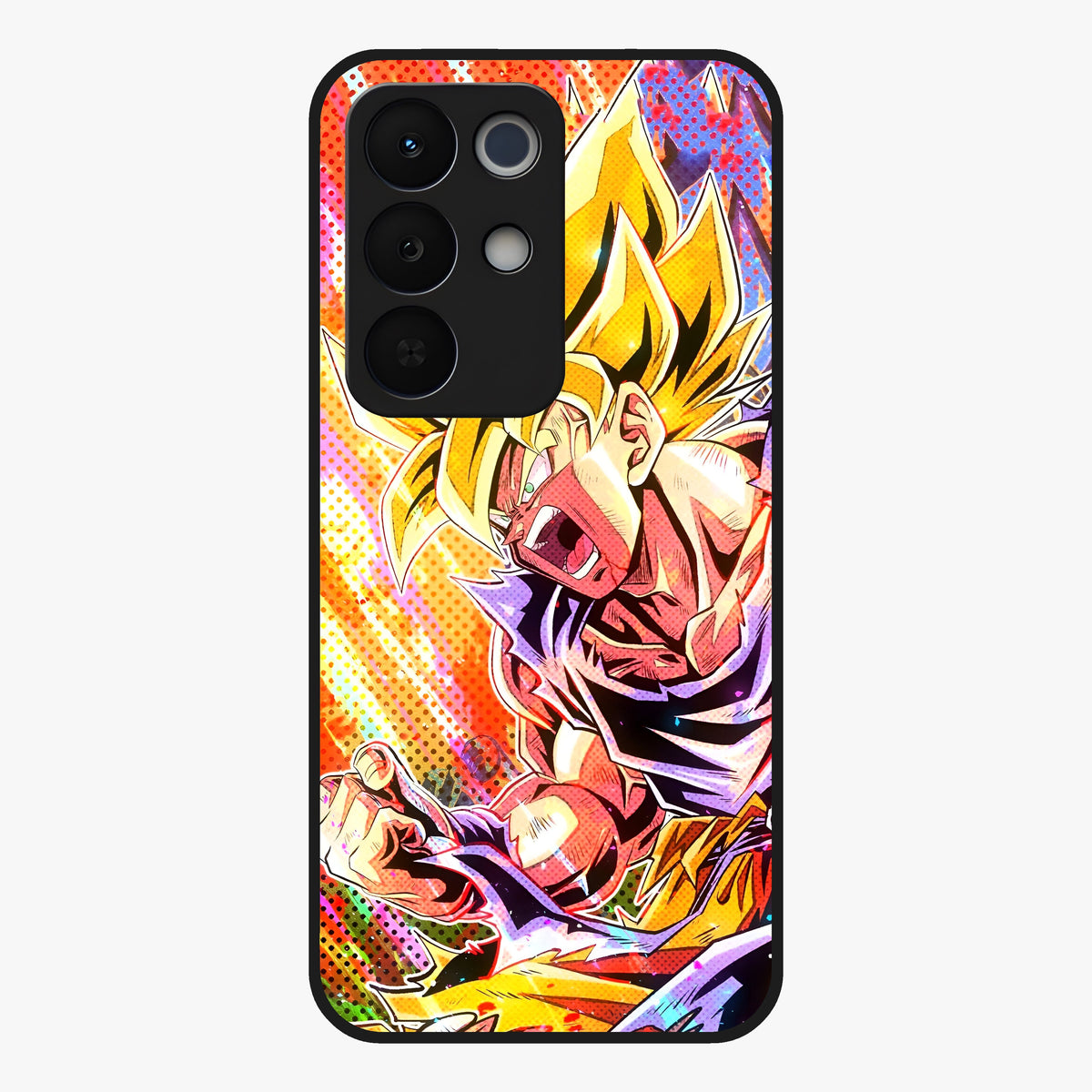 Firing Goku Glass Case showing flat back view with powerful anime inspired artwork and glossy glass finish.