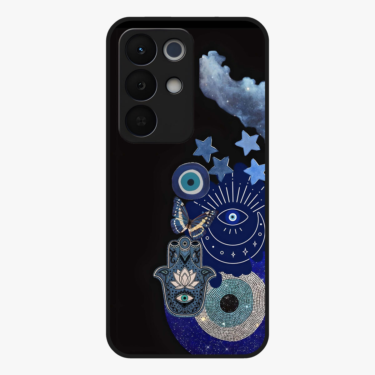 Galactic Charm Cluster Glass Case showing flat back view with glowing celestial charm artwork and glossy glass finish.