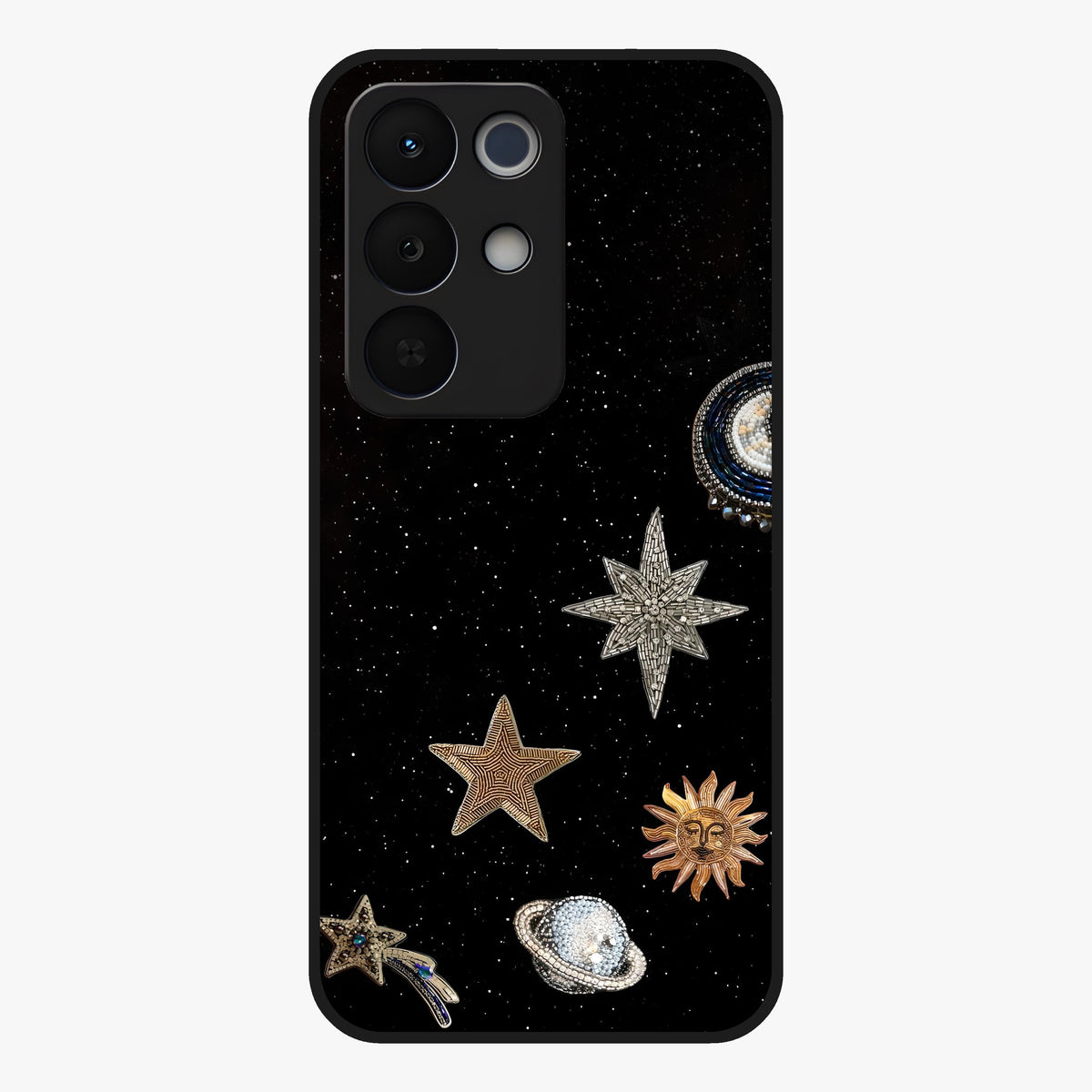 Galactic Charm Glow Glass Case showing flat back view with glowing celestial charm artwork and glossy glass finish.