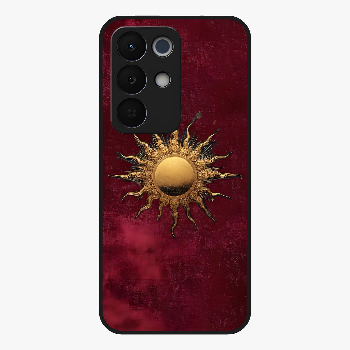 Gold Sun Blush Glass Case showing flat back view with golden sun inspired artwork and glossy glass finish.