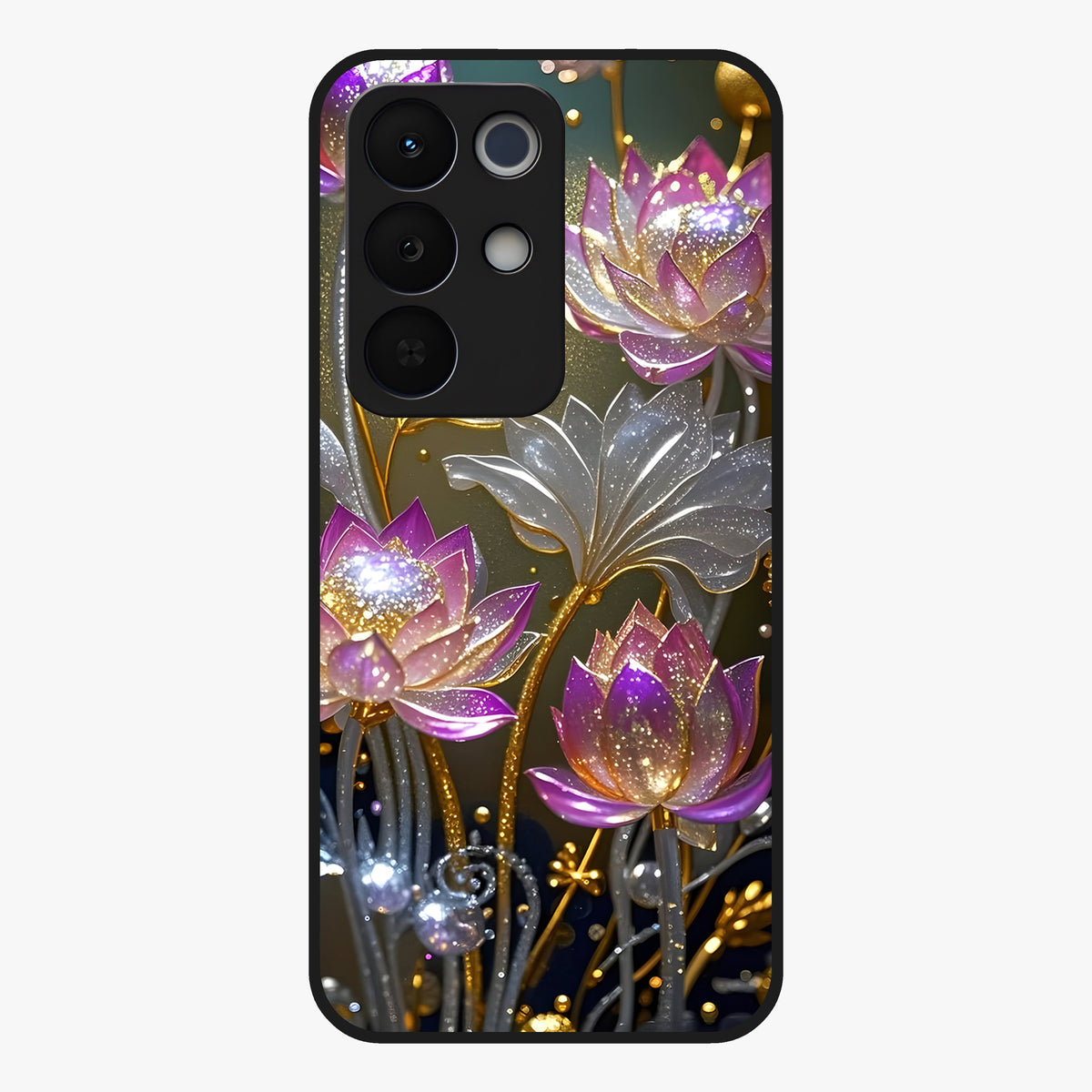 Golden Lotus Glow Glass Case showing flat back view with glowing lotus flower artwork and glossy glass finish.