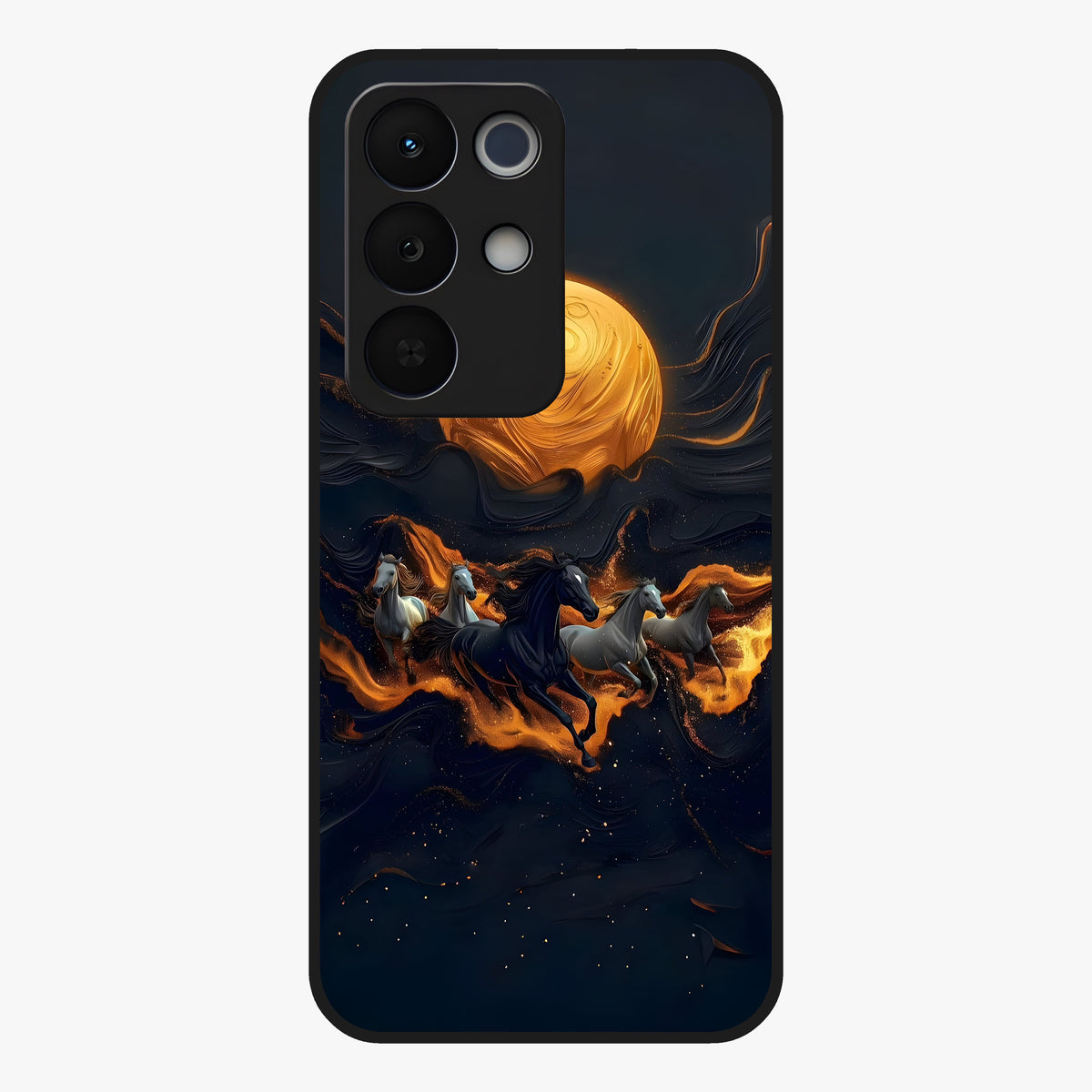 Golden Stallion Moonride Glass Case showing flat back view with majestic horse under moonlight artwork and glossy glass finish.