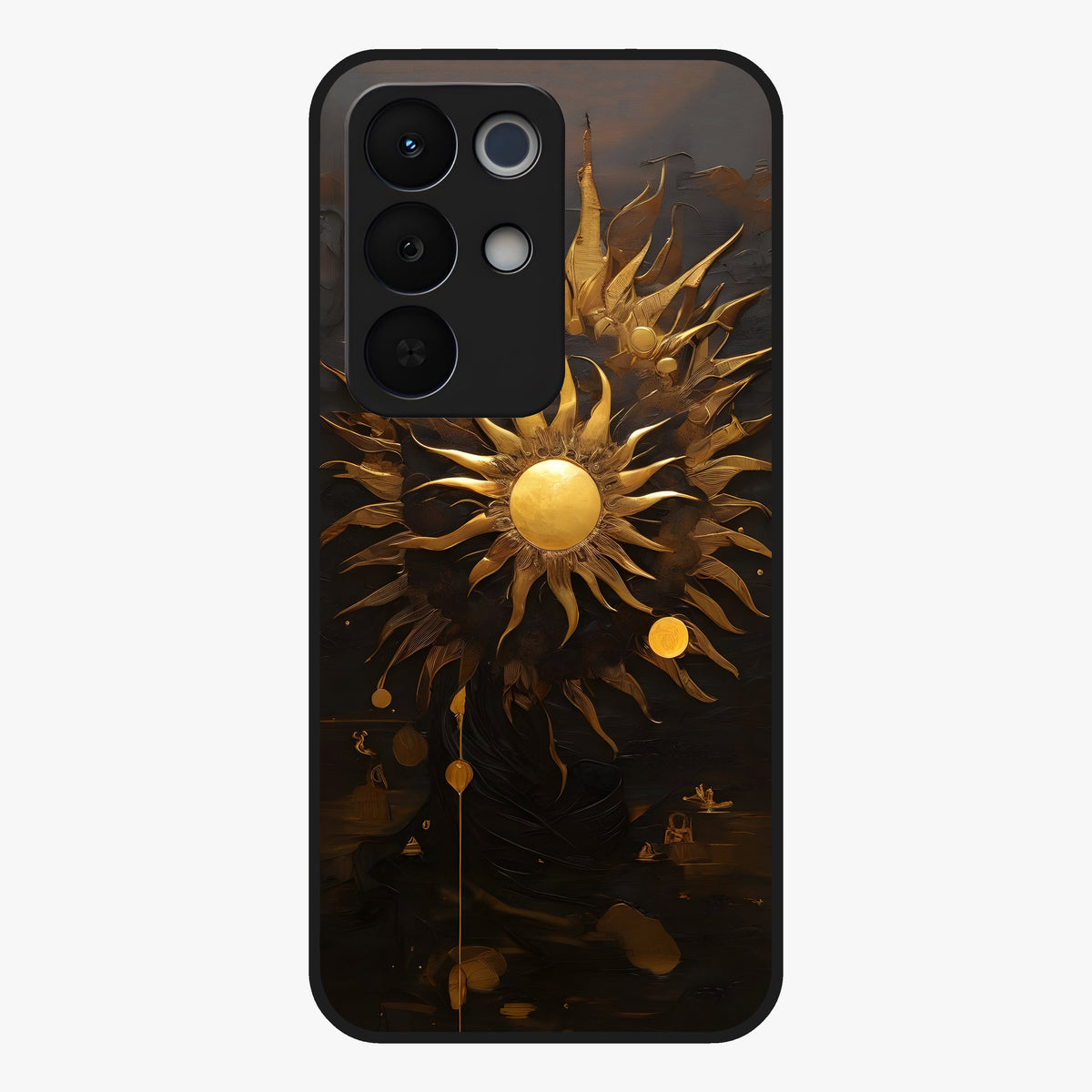 Golden Sun Majesty Glass Case showing flat back view with radiant golden sun artwork and glossy glass finish.