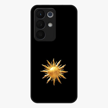 Golden Sun Minimalism Glass Case showing flat back view with minimal golden sun artwork and glossy glass finish.