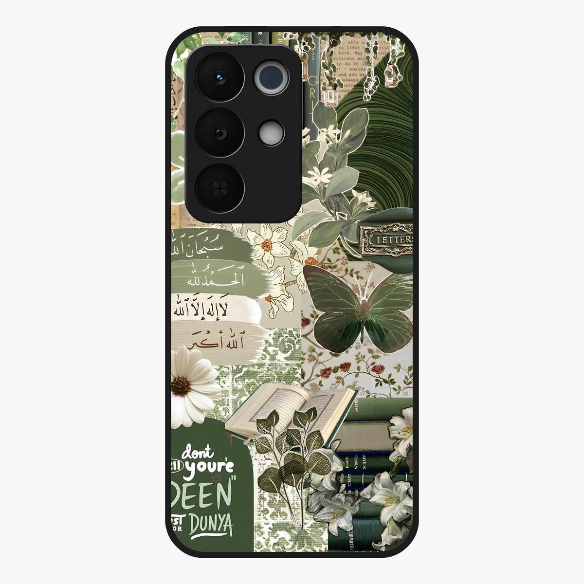 Green Islamic Books Quotes Glass Case showing flat back view with Islamic quotes and book themed artwork and glossy glass finish.
